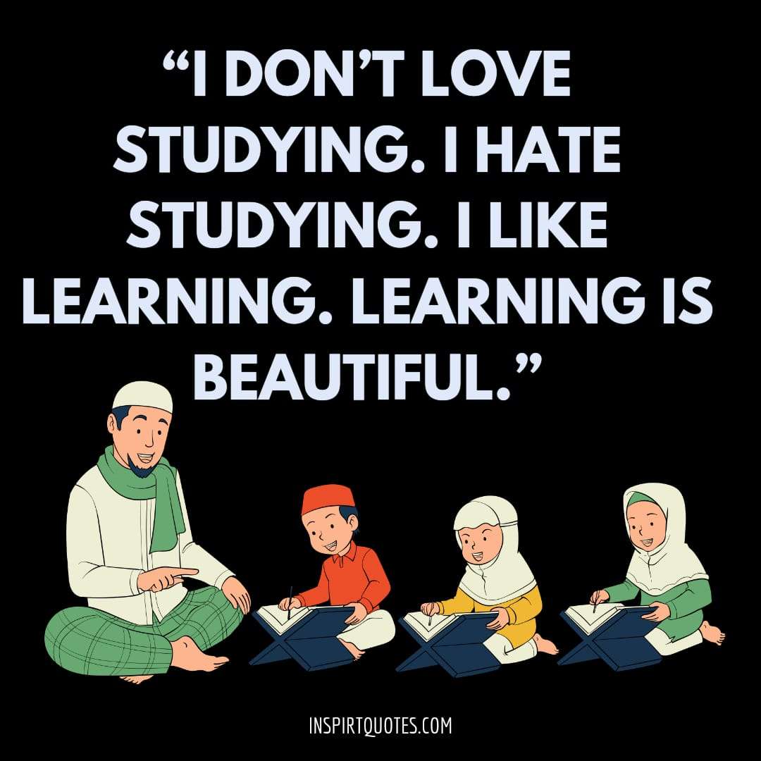 short learning quotes for life , I don't love studying. I hate studying. I like learning. Learning is beautiful.