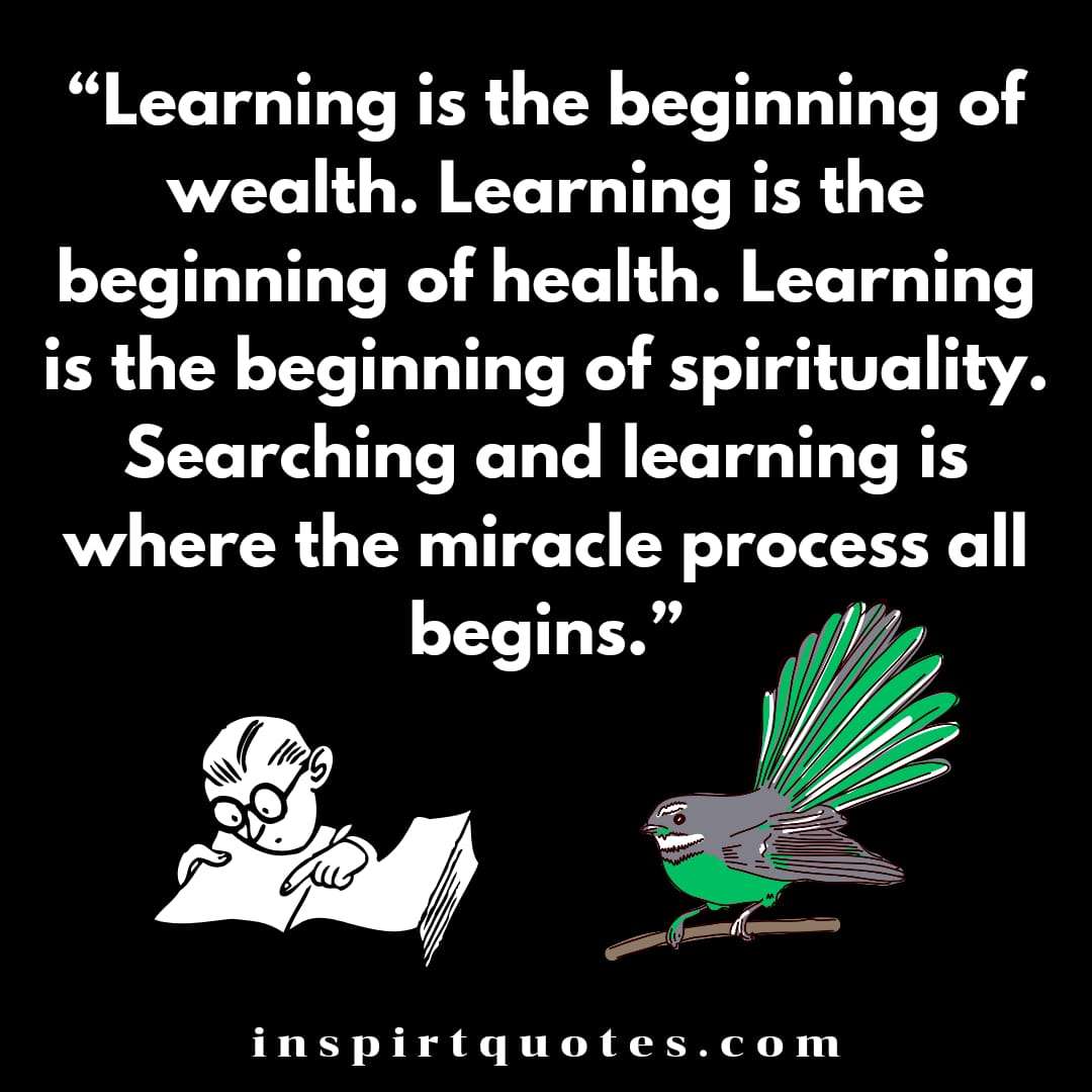 english learning quotes, Learning is the beginning of wealth. Learning is the beginning of health. Learning is the beginning of spirituality. Searching and learning is where the miracle process all begins.