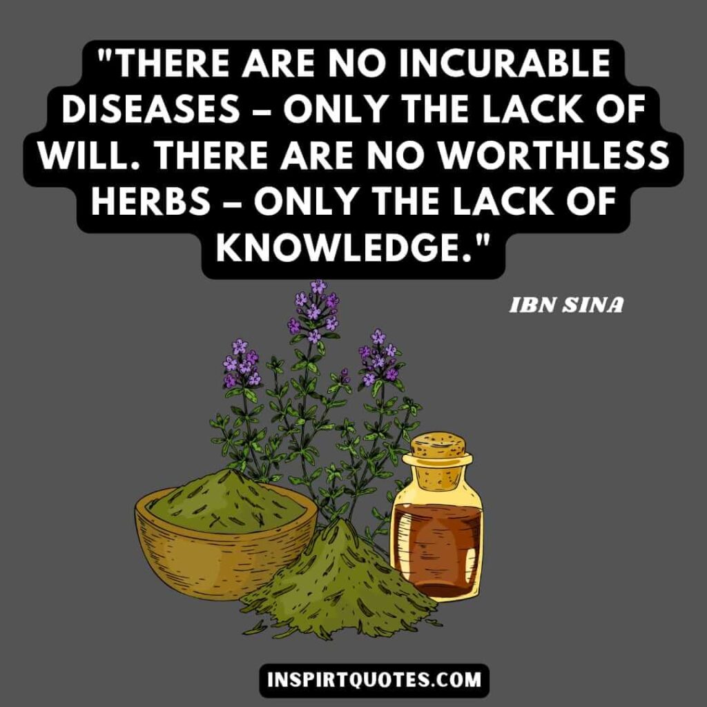 Avicenna quotes on knowledge. There are no incurable diseases – only the lack of will. There are no worthless herbs – only the lack of knowledge.